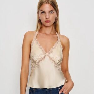 Reformation Monica silk top almond size small, Elegant Cream Lace Trim Cami Top